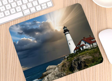Nicokee Gaming Mouse Pad Portland Head Lighthouse Maine Sun Rays Non-Slip Rubber Mouse Pad for Computers, Laptop, Office, Home Rectangle Personalized Mousepad 9.5 Inch x 7.9 Inch