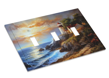 Spshian Light Switch Cover Plate Nautical Lighthouse Oil Painting Sunset Coastal 3 Gang Switch Plate Covers Triple Toggle Decorative Wall Plates Electrical Faceplate for Bathroom Bedroom Decor