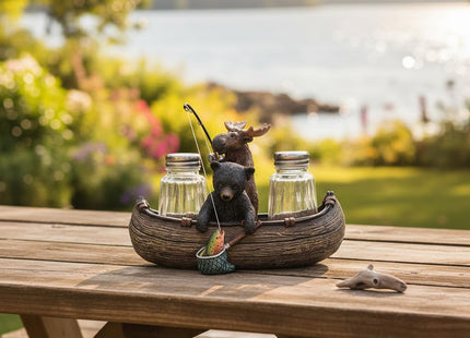 Comfy Hour Bear Salt and Pepper Shakers with Holder, Moose Canoe Set