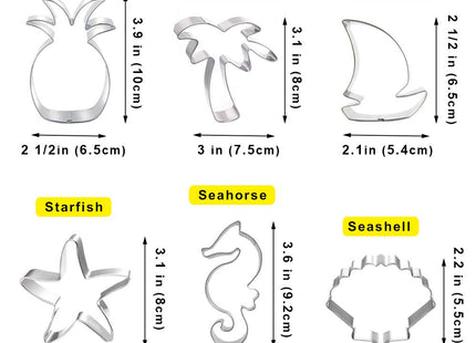 Beach Themed Cookie Cutter Set - Set of 6 - Palm Tree, Starfish, Seashell, Seahorse, Sailboat and Pineapple - in Durable Stainless Steel
