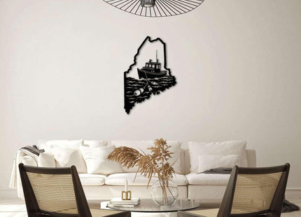 Maine State Map with Fishing Boat Metal Wall Art Decor, Outdoor Decor Metal Signs, Nautical Coastal Style, Elegant Artwork, Wall Decor for Living Room and Office Space (Black,20inch)