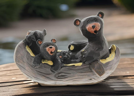 The Bridge Collection Black Bear Family Canoe Figurine with Cubs