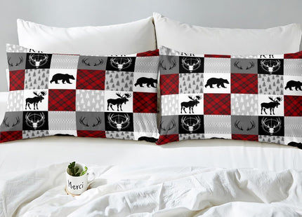 Plaid Deer Bear Bed Sheet Set Twin Size,Wild Animal Arrow Hunting Antler Patchwork Fitted Sheet with 1 Flat + 1 Pillow Sham,Rustic Red Buffalo Grid Bedding Set for Kids Boys Bedroom Decor