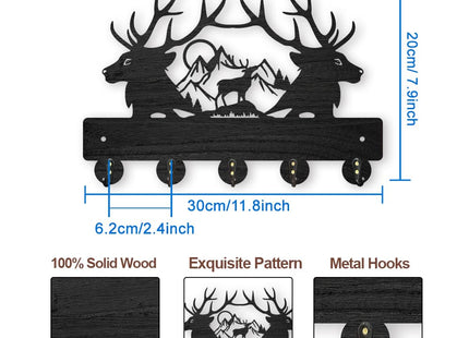 MAYJOYDIY Deer Mountain Forest Coat Hooks Wall Mounted 11.8×7.9inch Black Wooden Deer Key Holder for Wall 5 Alloy Hooks Wall Art Decor Deer Hangers for Towel Key Kitchen Bedroom Entryway Gifts