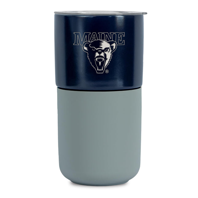 Rico Industries NCAA Maine Black Bears 16 oz Ceramic Tumbler with Silicone Grip, Deep Laser Engraved, Navy and Gray Colored Design with Slide Lid, Travel Coffee Mug, Matte Glaze