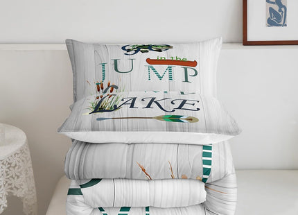 Castle Fairy Lake Paddle Comforter Set Twin Size,Rustic Lakeside Cabin Decor Bedding Set for Kids Boys Men,Fish Country Farm Wooden Board Quilted Duvet Set with 1 Pillowcase