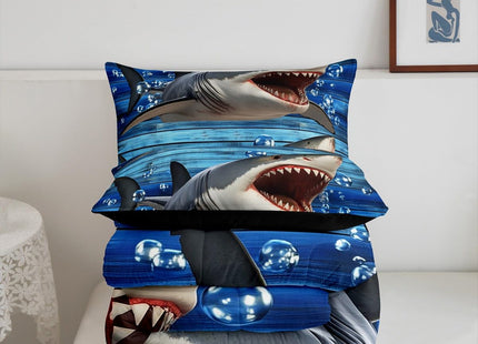 Erosebridal Kids Shark Comforter Set Full,3D Printed Shark Bedding Set Teens Funny Fish Quilt Set Blue Ocean Sealife Down Comforter,Wooden Stripes Bedroom Decor Children's Day Gifts for Boys
