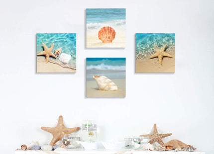 Beach Seashell Starfish Canvas Wall Art Coastal Decor 12x12 4 Panels