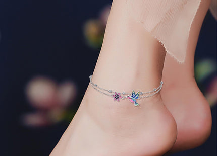 Hummingbird Anklet for Women Sterling Silver Hummingbird and Daisy Flower Double Chain Ankle Bracelets Layered Link Chain Anklets Jewelry Gifts