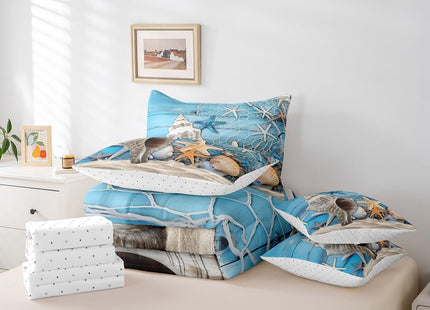 Erosebridal Summer Beach Theme Bed in a Bag 7 Pieces Starfish Conch Seashell Bedding Set, Ocean Animal Queen Size Comforter Set Fishing Theme Bedding Comforter Sets, Blue Old Barn Door Bed Set