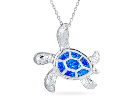 Nautical Blue Created Opal Turtle Pendant Necklace .925 Sterling Silver