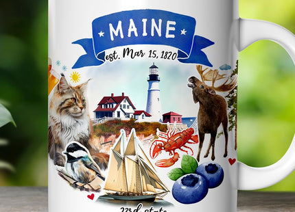 OrnamentallyYou State Travel Landmark Mugs – 12 oz Ceramic Coffee Cups, U.S. Souvenir Gift for Tourists (Artistic Maine State Themes and Landmarks Mug)