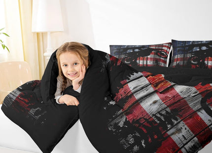 Homewish American Flag Bedding Set Full Size Boys Dirt Bike Racing Motocross Rider Comforter Set Kids Teens Men Rustic Farmhouse Wooden Quilt Set Retro Black Pine Tree Silhouette Duvet Insert 3pcs