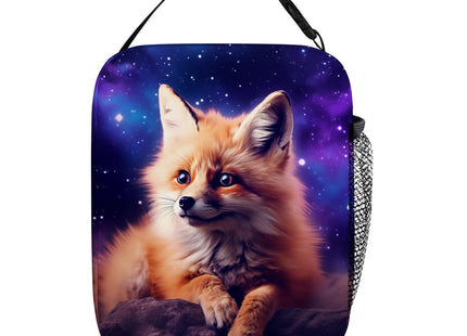 DOINBEE Cute Galaxy Fox Lunch Box, Kawaii Fox Purple Galaxy Space Animal Insulated Lunch Bag Tote for Girls Boys Kids Men Women, Reusable Leakproof Lunchbox Cooler Food Bag with Side Pocket