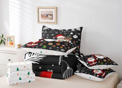 Erosebridal Black Christmas Twin 7 Piece Comforter Set Elk Santa Claus Bed in A Bag with Sheet Set Christmas Snowflake Pine Tree Leaves Bedding Set Winter Xmas Holiday Bed Set for Kids Boys Adults