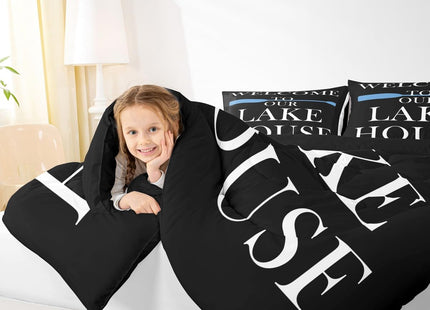 Lake House Comforter Set Full Size, Blue Paddle Lake Camping Bedding Set 3pcs, Rustic Farmhouse Lake Life Black Down Comforter for All Season, Kids Boys Girls Room Decor, 2 Pillowcases, No Sheets