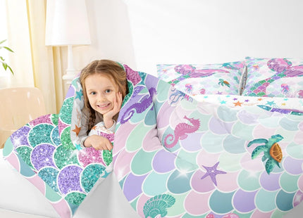 Erosebridal Mermaid Tail Bedding Set,Nautical Sea Animal Kawaii Down Comforter Queen Size,Fish Scale Sparkle Sequins Comforter Set Sea Turtle Octopus Duvet Filler Jellyfish Seahorse Bedroom Decor