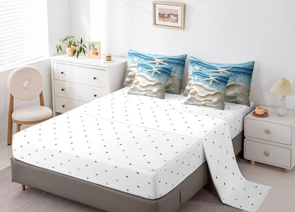 Erosebridal Ocean Beach Twin Comforter Set 7 Piece Coastal Nautical Bedding Set with Sheets Starfish Coral Shell Bed in A Bag for Kids Boys Girls Sea Waves Bed Set Beige Blue Bedroom Decor