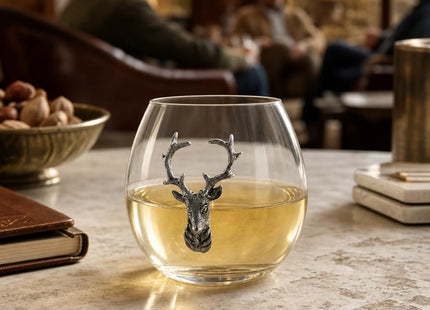 Vagabond House Elk/Deer Stemless Wine Glass, Premium Hand-Blown Crystal, Rustic Lodge Style, Perfect for Red/White Wine, 3.25" Tall, 8 oz - Sold as Single Glass