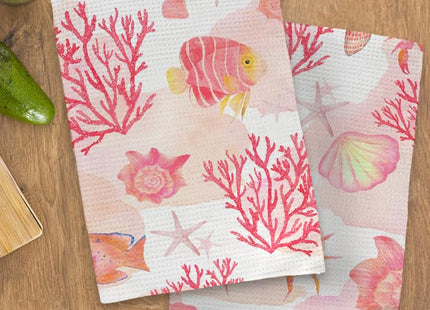 JINYO Pink Coral Ocean Beach Kitchen Towels Set of 2, Red Seashell Coral Coastal Beach Hand Towels for Bathroom Kitchen Decor, Nautical Decorative Dish Tea Towels
