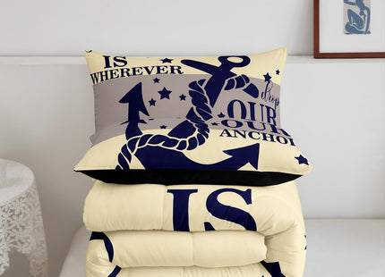 Nautical Bedding Sets Queen For Teen Boys Kids Navy Blue Anchor Comforter Set Retro Yellow and Grey Geometric Stripe Comforter Coastal Ocean Beach Quilts Bedding Summer Soft Lightweight Duvet 3 Pcs