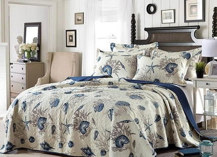 LIVILAN Nautical Theme Bedspread 3-Piece Reversible Queen Quilt Set, Cotton Fabric All-Season Coastal Beach Quilts Coverlet Set, Navy Blue Quilt (90 X 98 '') 2 Pillowcases (20 X 27'')