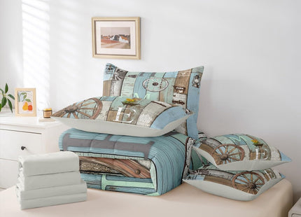 Erosebridal 7 Piece Farmhouse Bedding Country Rustic Cabin Twin Comforter Set with Sheets,Western Wooden Board Wheel Bed in A Bag for Kids Adults,Pastoral Planks Bed Sets Teal Brown Home Decor