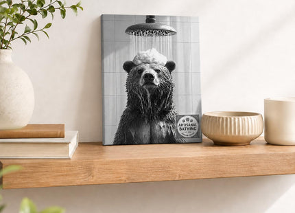 Black and White Bear Bathroom Wall Art, Funny Framed Canvas Decor