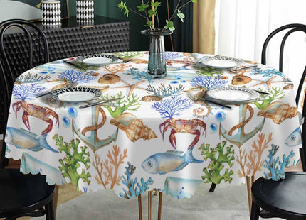 AOYEGO Marine Animals Round Tablecloth 60 Inch Fish Hippocampus Starfish Conch Crab Coral Bottle Ship Anchor Table Cloth Polyester Tablecloths for Home Decor, Parties, Picnic