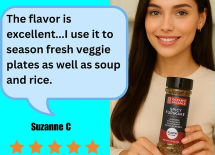 Ocean Balance Spicy Furikake Seasoning w/Cayenne Pepper –Furikake Seasoning w/Sesame Seeds + Maine Coast Seaweed – Great for Sushi Rice, Avocado Toast & Plant-Based Diets