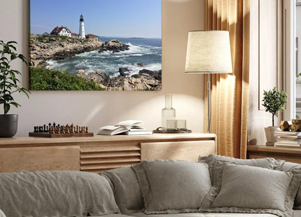 Canvas Wall Art Prints Lighthouse Head Light Portland Maine New England Rocky Shore Poster for Living Room Bedroom Home Office Kitchen Hallway Background Wall Decor Framed (Framed,12x18 inch)