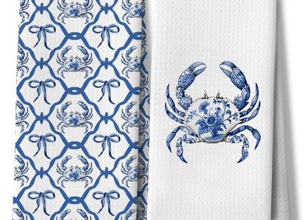 DAYOUER Blue and White Chinoiserie Crab Coastal Kitchen Dish Towels, Beach Bathroom Decor, Grandmillennial Preppy Bow Crab Decorative Hand Tea Towels for Bathroom Kitchen, 16x24 Inches Set of 2