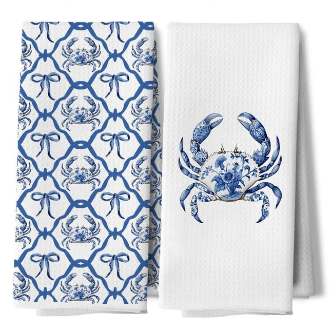 DAYOUER Blue and White Chinoiserie Crab Coastal Kitchen Dish Towels, Beach Bathroom Decor, Grandmillennial Preppy Bow Crab Decorative Hand Tea Towels for Bathroom Kitchen, 16x24 Inches Set of 2