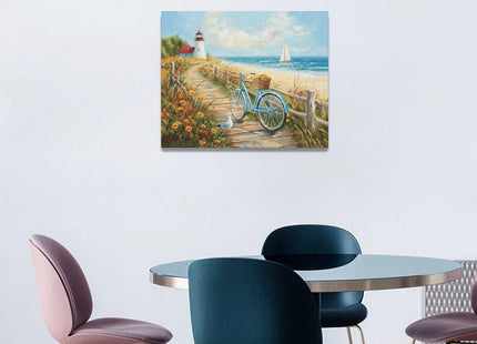 Olivine Coastal Wall Art, Beach Bicycle Pictures Wall Decor, Lighthouse Painting, Ocean Seascape Canvas Prints, Framed Artwork for Living Room Bedroom Bathroom Kitchen Office Home Decoration 20"x16"