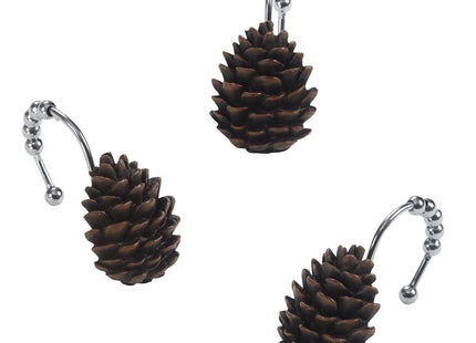 Brown Pinecone Shower Curtain Hooks, Rustproof Rustic Cabin Shower Hooks for Shower Curtain, 5 Roller Ring Balls Lodge Christmas Decorative Bathroom Curtain Hooks, Set of 12