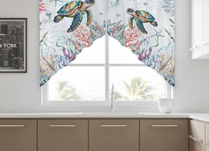 Lsrtoss Sea Turtle Swag Valances for Windows 2 Pack, Kitchen Window Curtains 36 Inch Length, Coastal Nautical Coral Beach Starfish Swag Curtains for Living Room/Bathroom with Rod Pocket 36"x36"