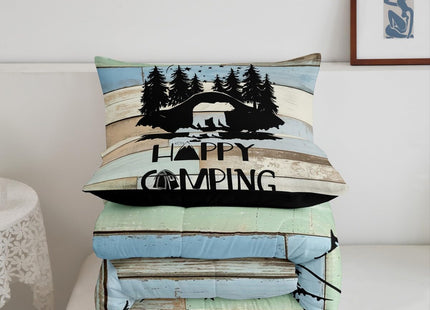 Erosebridal Kids Woodland Bear Bedding Set Happy Camping Camper Twin Comforter Set for Travel Trailers Rv Bunks Camper Quilt Set Rustic Farmhouse Barn Door Duvet Insert 1 Pillow Case Green Blue