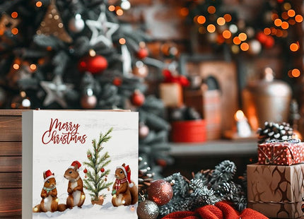 LUKIPOM Cute Squirrel Christmas Wooden Box Sign, Squirrel Decor,Merry Christmas Wood Signs for Home Office Desk Shelf Table Decor, 5x5 Inch