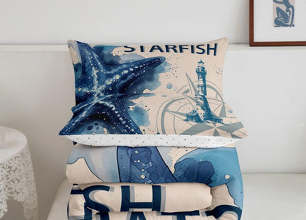 Feelyou Kids Starfish Beach Comforter Set Coastal Beach Ocean Bedding Set for Boys Teens Decor Teal Blue Comforter Ocean Marine Duvet Set Bedroom 3Pcs with 2 Pillow Case King Size