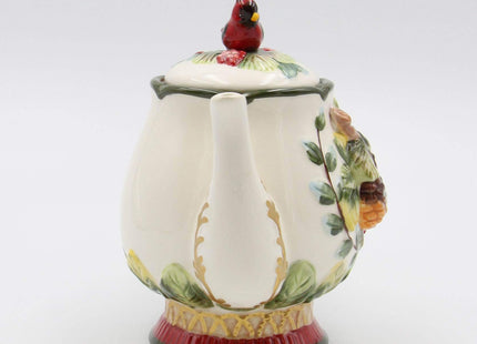 Fine Ceramic Evergreen Holiday Red Cardinal with Pine Cones Teapot, 8-1/8" L