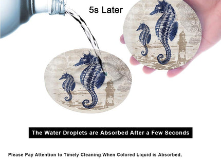 Absorbent Coasters Natural Ceramic Thirsty Stone Navy Blue Octopus Seahorse Crab Turtle Ocean Theme Coaster Set for Drinks Cork Backing (sea Animals)…