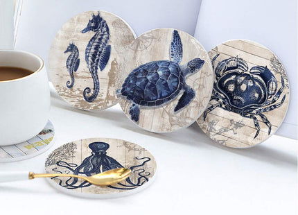 Absorbent Coasters Natural Ceramic Thirsty Stone Navy Blue Octopus Seahorse Crab Turtle Ocean Theme Coaster Set for Drinks Cork Backing (sea Animals)…