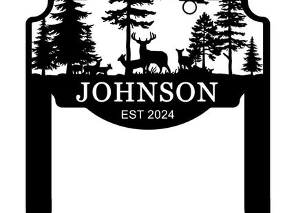 Custom Last Name Sign with Deer, Personalized Garden Signs, Deer Yard Stake Sign with Pine Trees, Large Outdoor Metal Sign, Realtor Closing Gift, Housewarming Gift