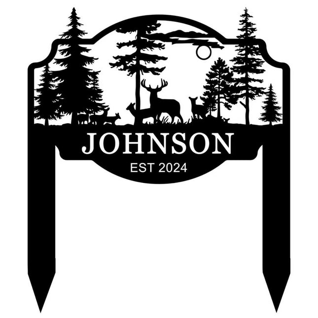 Custom Last Name Sign with Deer, Personalized Garden Signs, Deer Yard Stake Sign with Pine Trees, Large Outdoor Metal Sign, Realtor Closing Gift, Housewarming Gift