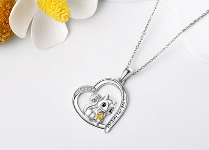 AXOMY Squirrel Necklace 925 Sterling Silver Squirrel Heart Pendant Necklace Squirrel Jewelry Gifts for Women Mom Squirrel Lovers