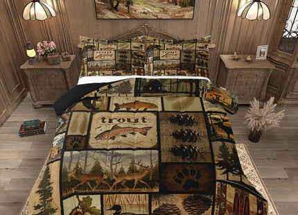 Feelyou Rustic Cabin Comforter Set Full Size, Wildlife Hunting Quilt Set Bear Deer Elk Fish Hunting Bedding Set for Kids Boys Teens Room Decor, Western Country Farmhouse Duvet Insert