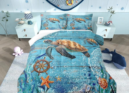 Sea Turtle Comforter Set Queen for Kids Boys Girls Sailing Route Room Decor Underwater World Bedding Comforter Aldults Bedroom Adventure Duvet Set 1 Comforter with 2 Pillow Cases,Lightweight Warm Soft