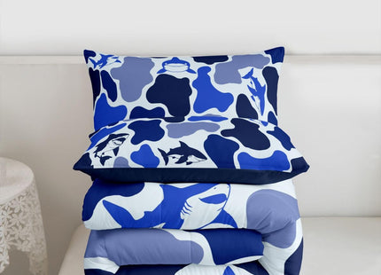 Navy Blue Camo Full Size Comforter Set,Shark Camouflage Bedding Comforters Bedroom Collection,Sea Nautical Marine Animal Duvet Insert,Ocean Adventure Room Decor 3 Pcs Bedding Set for Girls Teens