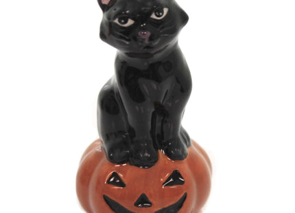 Fine Ceramic Thanksgiving Halloween Black Cat & Owl on Pumpkin Salt & Pepper Shakers Set, 3-3/4" H