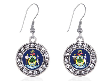 Inspired Silver - Maine Flag - Silver Dangle Earrings for Women - Circle Charm Earrings French Hook Drop with Cubic Zirconia - Women's Dangly Earrings Jewelry Gift